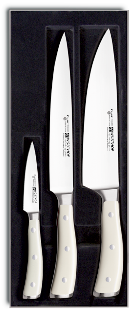 Inicialmente Paja Corta vida Juego Wüsthof 3 cuchillos Classic Ikon Creme. Pelador, fileteador y Chef -  Ganivetería Roca