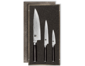 Juego Kai Shun 3 cuchillos damasco en caja de madera. Pelador, fileteador y verduras